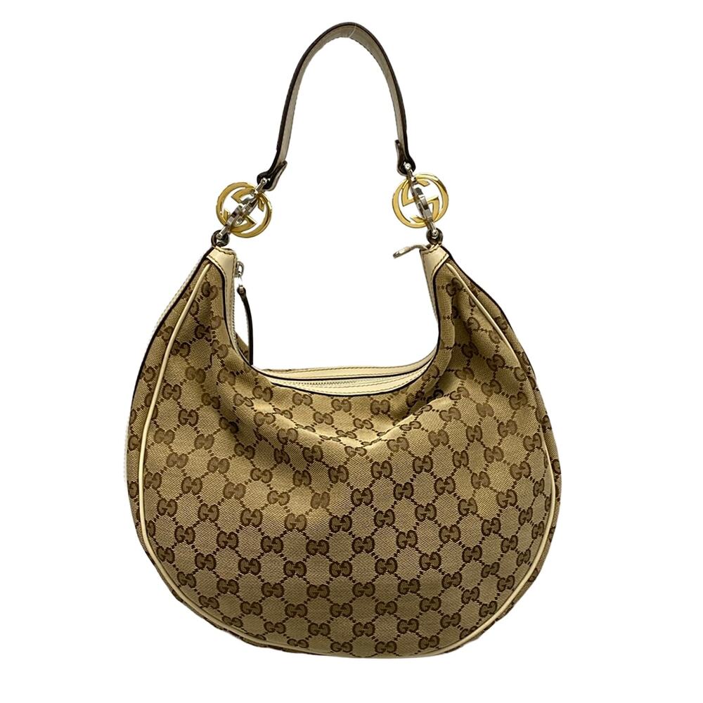 Gucci GG Twins Shoulder Bag 232962 Beige Dark Brown Cream Jacquard Leather